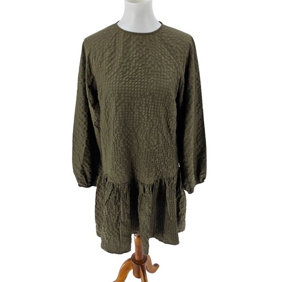 Pieces Loose-Fit Textured Olive Green Long Sleeve Dress W/ Button Back S - Picture 2 of 10